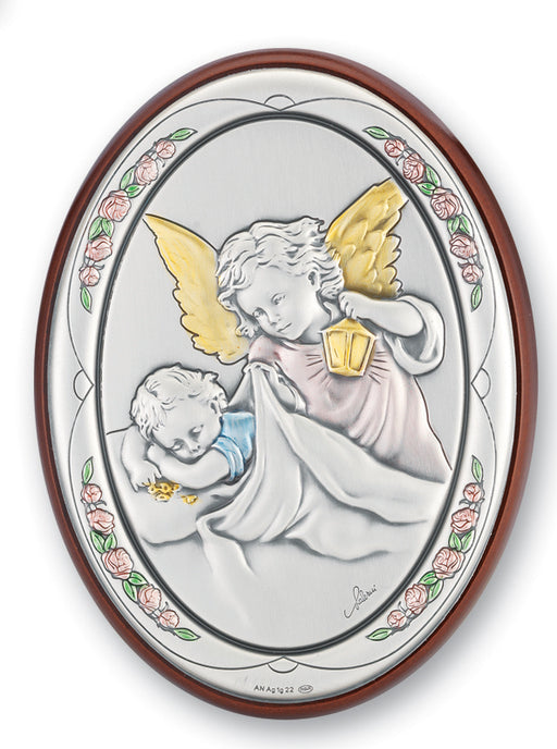 4-inch x 3-inch Sterling Silver Guardian Angel Watching Over Baby Plaque