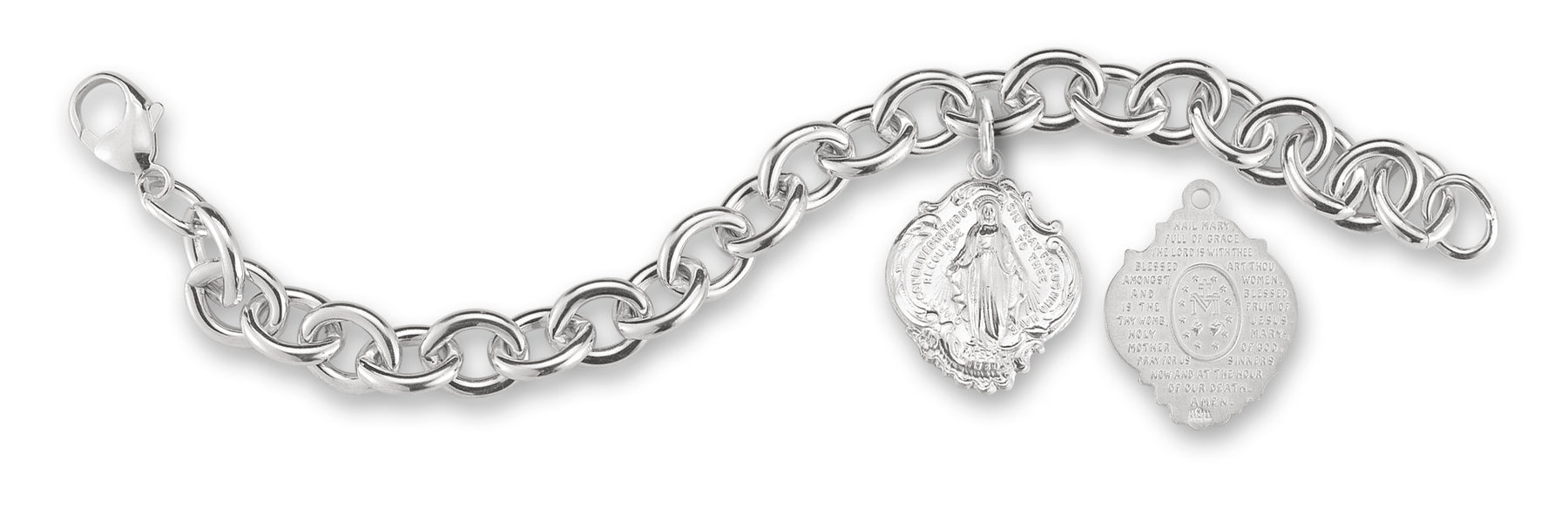 Extra Heavy Solid Sterling Silver Link Style Bracelet with hail Mary Miraculous Charm