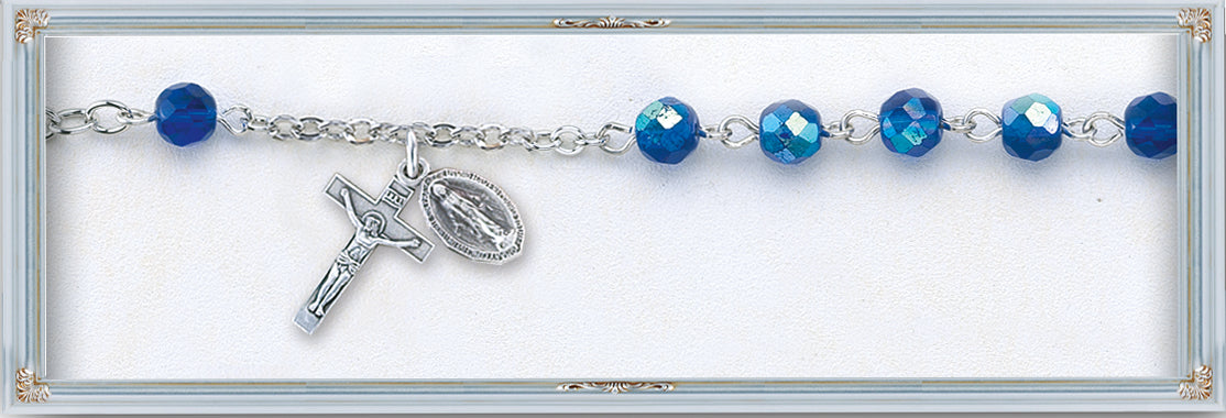 Tin Cut Caribbean Blue Crystal Rosary Bracelet