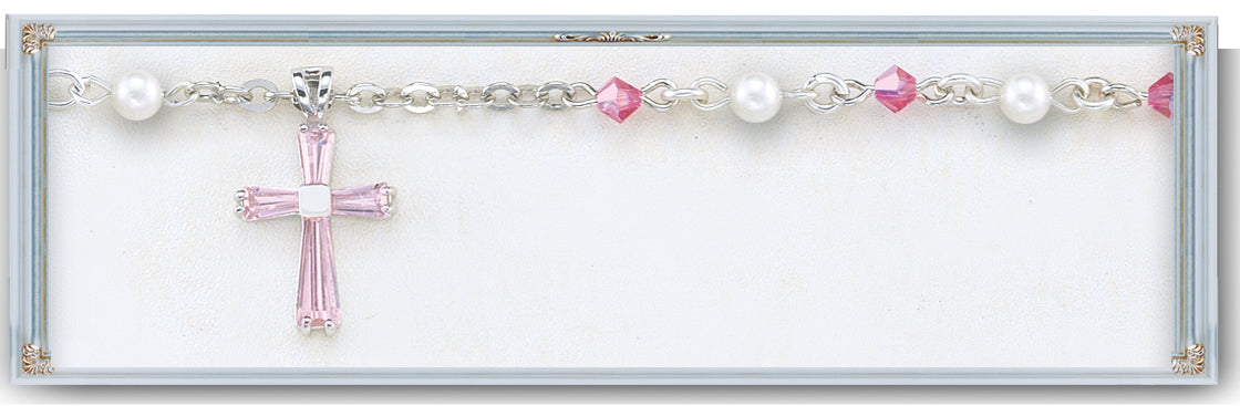 4mm Pink Swarovksi and Pearl Rosary Bracelet