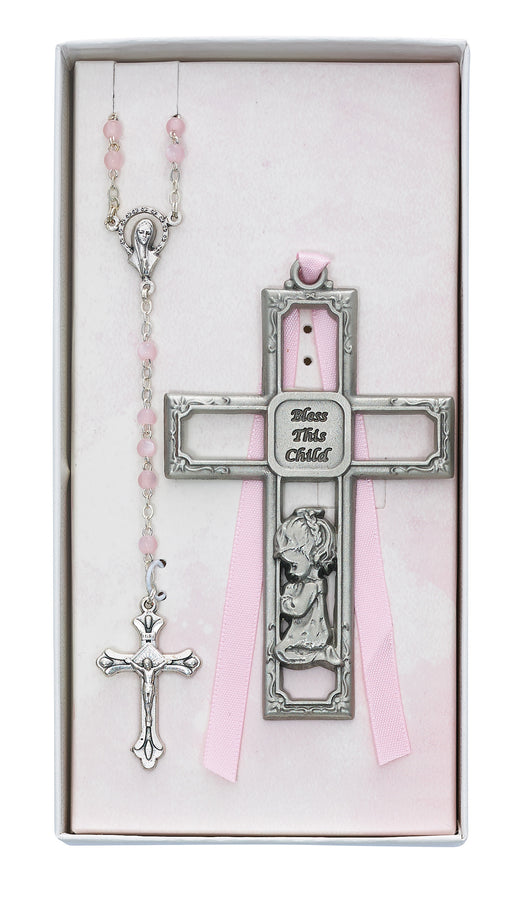 Pewter Girl Cross and Rosary Set