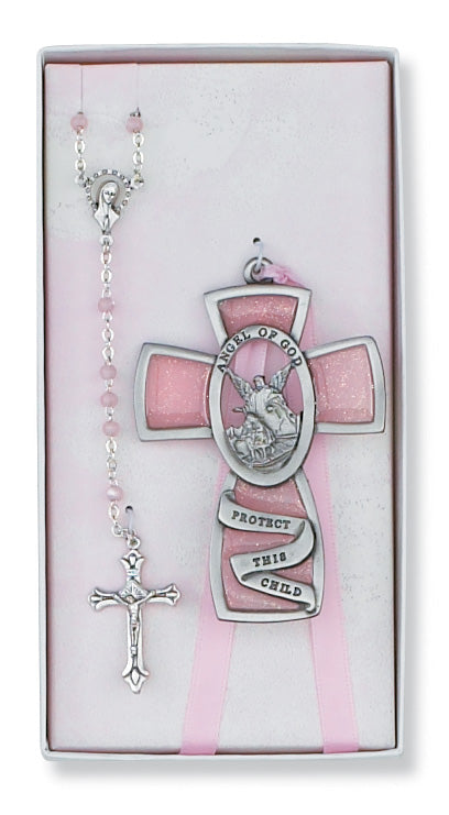 Pink Guardian Angel/Rosary Set