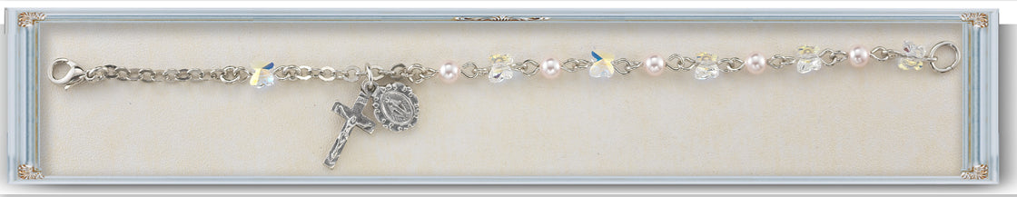 6mm Pearl and Crystal Butterfly Rosary Bracelet