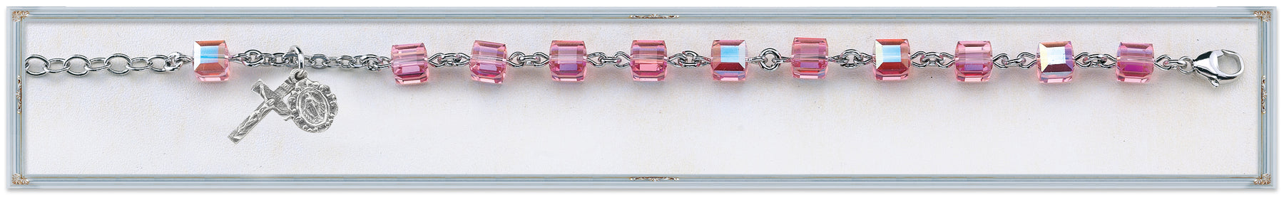 6mm Pink Swarovski Crystal Cube Rosary Bracelet