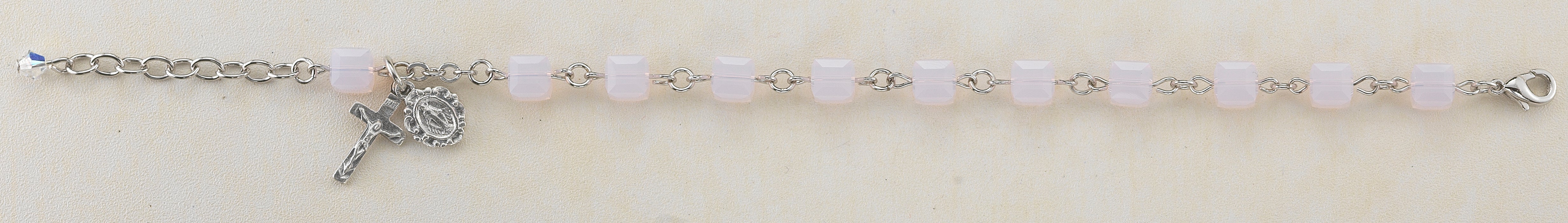 6mm Rose Quartz Swarovski Crystal Cube Rosary Bracelet