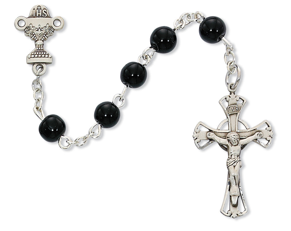 Sterling Silver 6MM Black Glass Communion Rosary