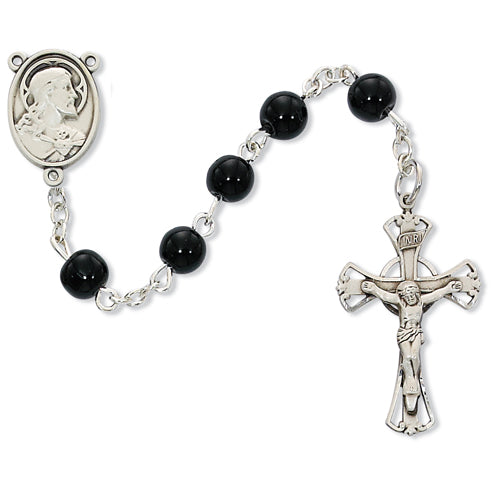 Sterling Silver 6MM Black Glass Rosary