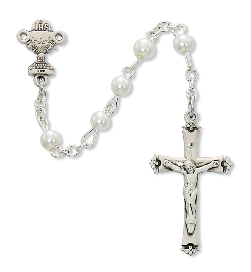 Sterling Silver 5MM White Pearl Communion Rosary