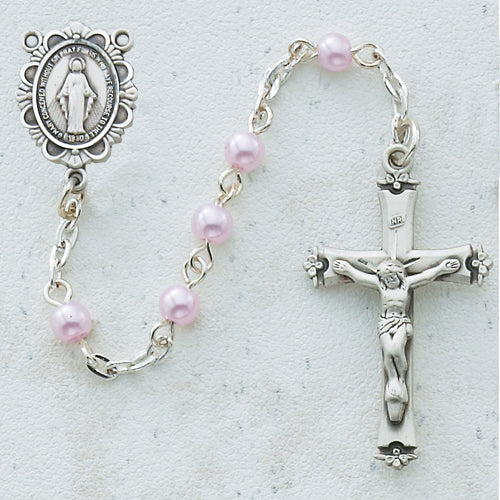 Sterling Silver 5MM Pink Glass Pearl Rosary