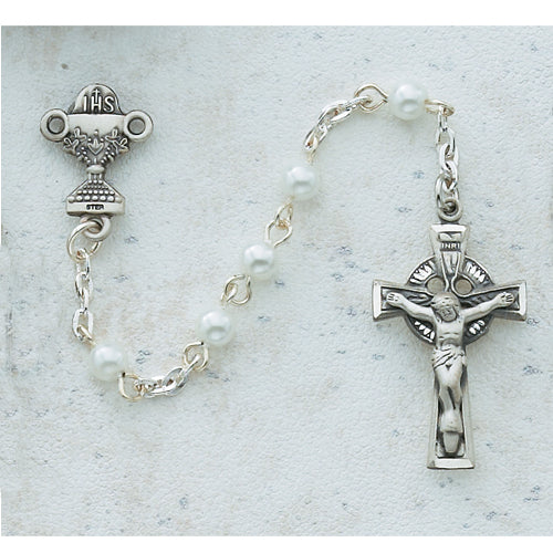 Sterling Silver 4MM Pearl Celtic Communion Rosary