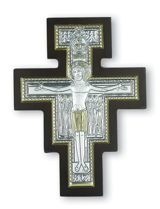 4-inch Sterling Silver San Damiano Crucifix with Hand Painted Gold Highlights