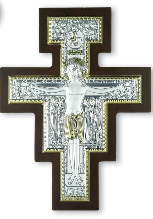 6-inch Sterling Silver San Damiano Crucifix with Hand Painted Gold Highlights