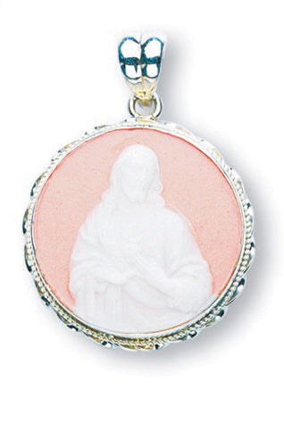 3/4-inch Sterling Silver Red Sacred Heart Cameo with 24-inch Chain