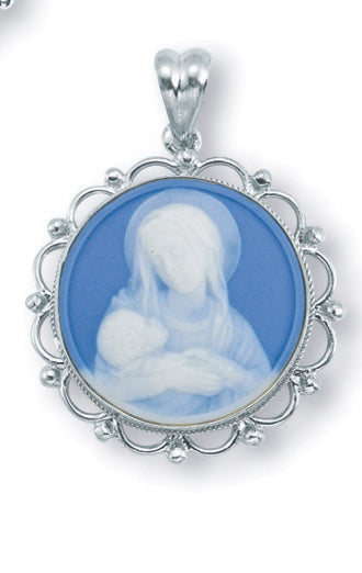 1 3/16-inch Sterling Silver Light Blue Madonna and Child Cameo with 24-inch Chain