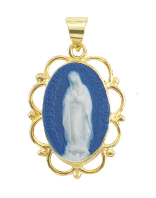 1-inch Gold Over Sterling Dark Blue Our Lady of Guadalupe Cameo with 18-inch Chain