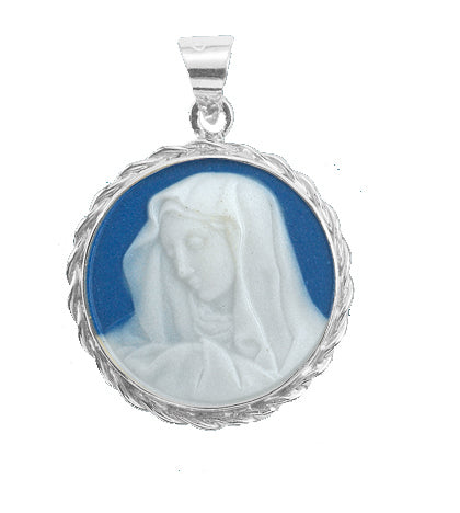15/16-inch Sterling Silver Dark Blue Our Lady of Sorrows Cameo with 18-inch Chain