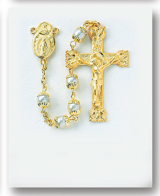 6mm Gold Over Sterling Silver Double Capped Imitation Pearl Rosary