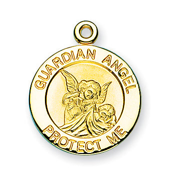 Gold over Sterling Silver Round Shaped Guardian Angel, Angel Jewelry Medal
