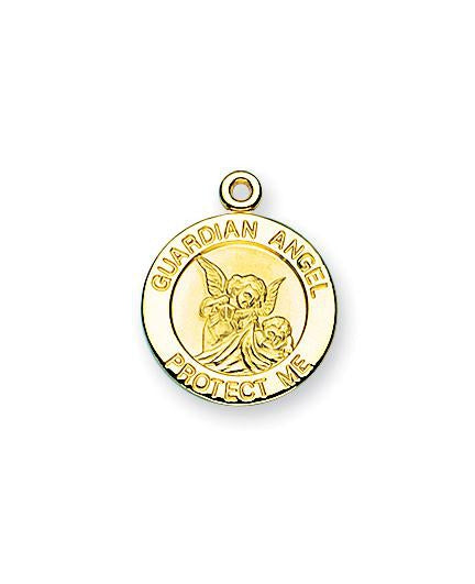 Gold over Sterling Silver Round Shaped Guardian Angel, Angel Jewelry Medal