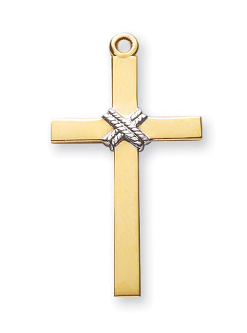 1 15/16-inch Tutone Gold Over Sterling Silver Cross w/Rope and 24-inch Chain