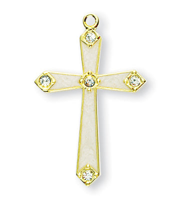 1 1/8-inch Gold Over Sterling Silver Pearl Enameled Cross with 5 Crystals 18-inch Chain