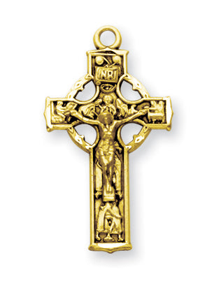 1 1/8-inch Gold Over Sterling Silver Celtic Crucifix with 18-inch Chain