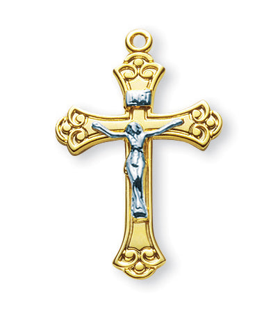 1 1/8-inch Tutone Gold Over Sterling Crucifix with 18-inch Chain