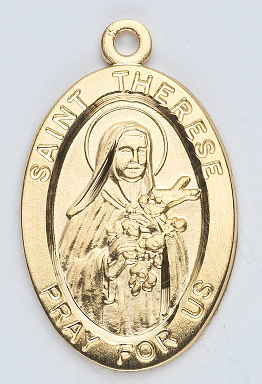 7/8-inch Oval Gold Over Sterling Silver Saint Therese Medal with 18-inch Chain