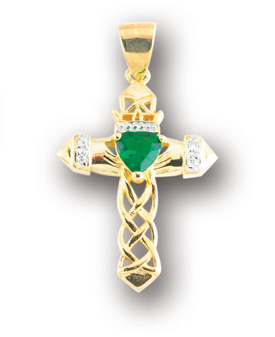 1-inch Gold Over Sterling Silver Cross Pendant with Emerald Zircon 18-inch Chain