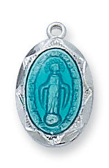 Sterling Silver Blue Miraculous Medal 16-inchNecklace Set