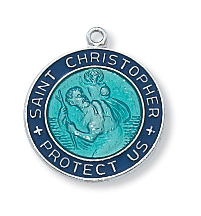Sterling Silver Saint Christopher Blue with 18-inch Chain