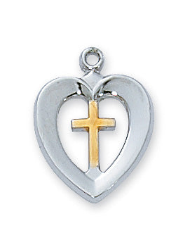 Sterling Silver Tutone Heart Cross with 16-inch Chain