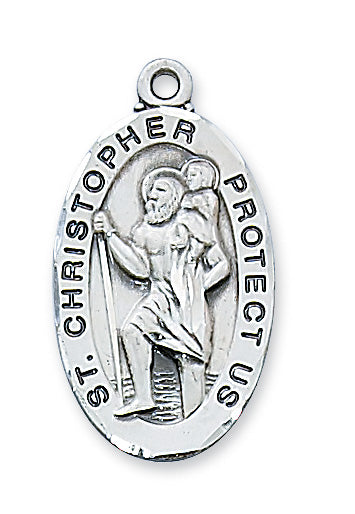 Sterling Silver Oval Saint Christopher 24 Chain&Box-inch
