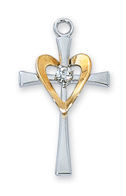 Sterling Silver Cross with Gld Heart 18-inch Chain-inch