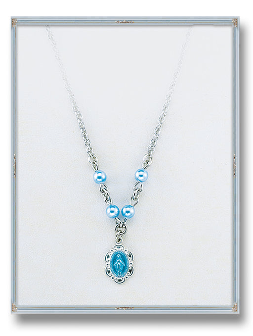 4mm Blue Swarovski Pearls with Sterling Silver Blue Enamel Miraculous Pendant 18-inch Chain