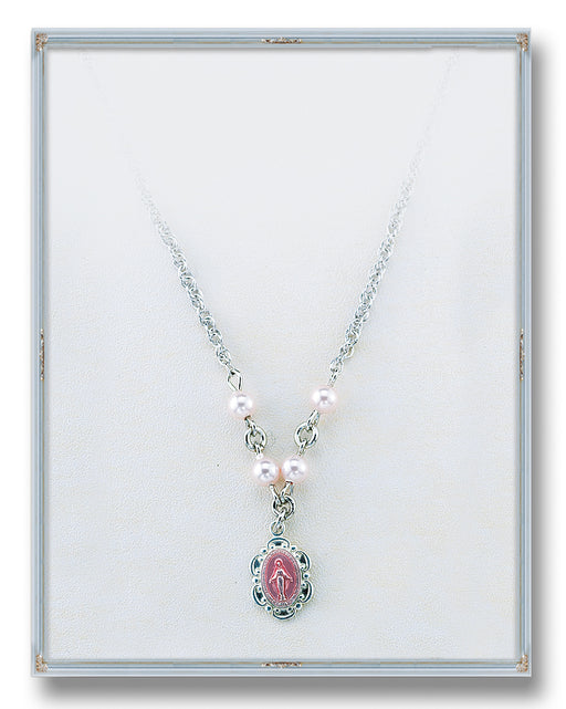 4mm Pink Swarovski Pearls with Sterling Silver Pink Enamel Miraculous Pendant 18-inch Chain