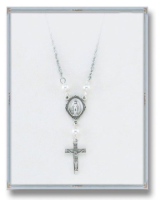 4mm White Swarovski Pearl Pendant with Sterling Silver Miraculous Medal and Crucifix 18-inch Chain