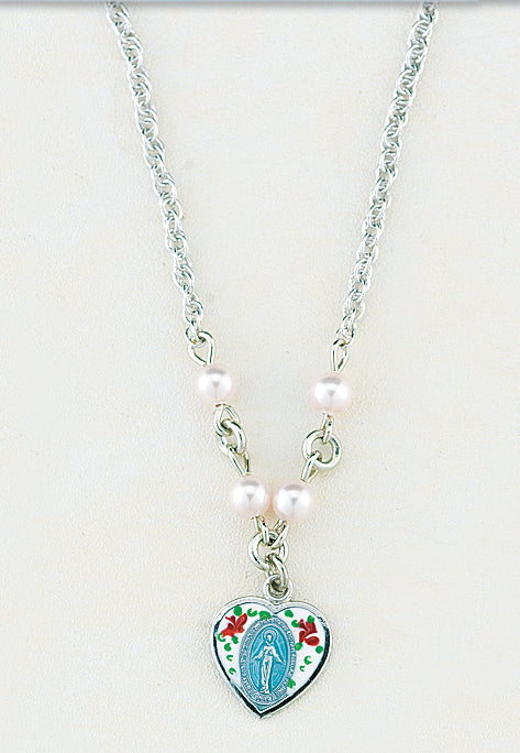 4mm Pink Swarovski Pearl Pendant with Sterling Silver Enameled Heart Miraculous Medal 18-inch Chain