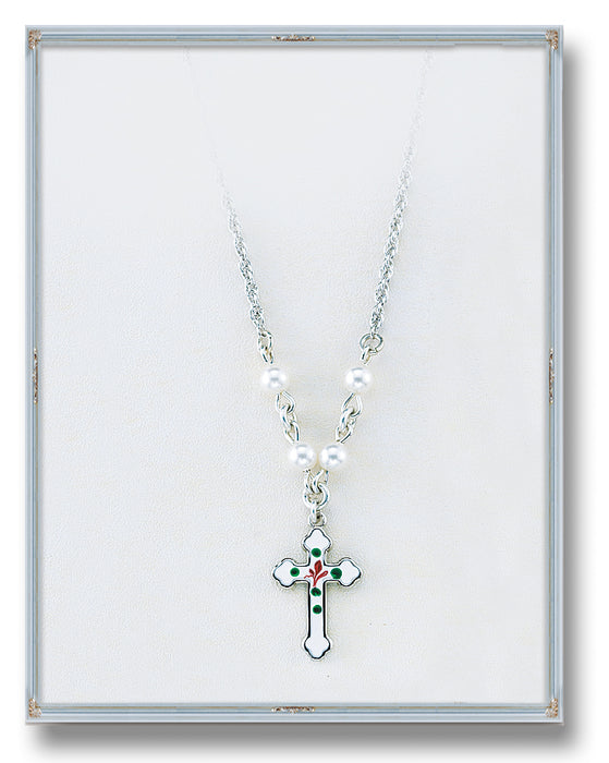 4mm White Swarovski Pearl Pendant with Sterling Silver Enameled Crucifix 18-inch Chain