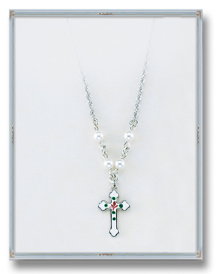 4mm White Swarovski Pearl Pendant with Sterling Silver Enameled Crucifix 18-inch Chain