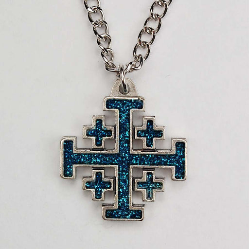 Blue Jerusalem Cross with 24-inch Chain