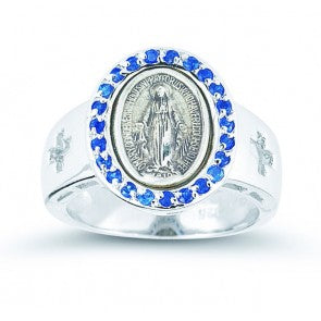 Sterling Silver Miraculous Medal Sapphire Cubic Zircon Ring Size 7