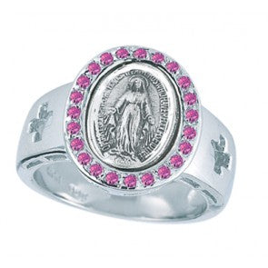 Sterling Silver Miraculous Medal Pink Cubic Zircon Ring Size 6