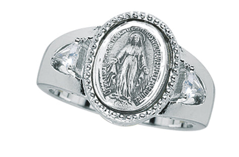 Sterling Silver Miraculous Medal Ring with Two Crystal Cubic Zircon Size 6