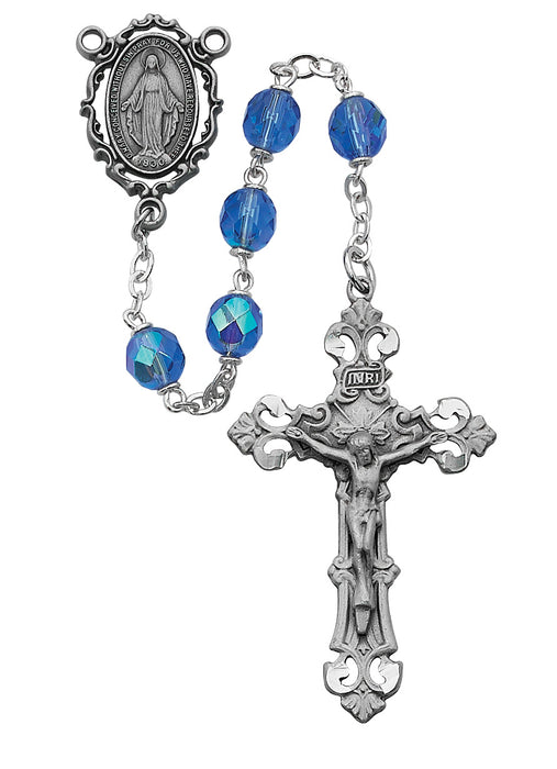 7MM Pewter Blue Glass Rosary
