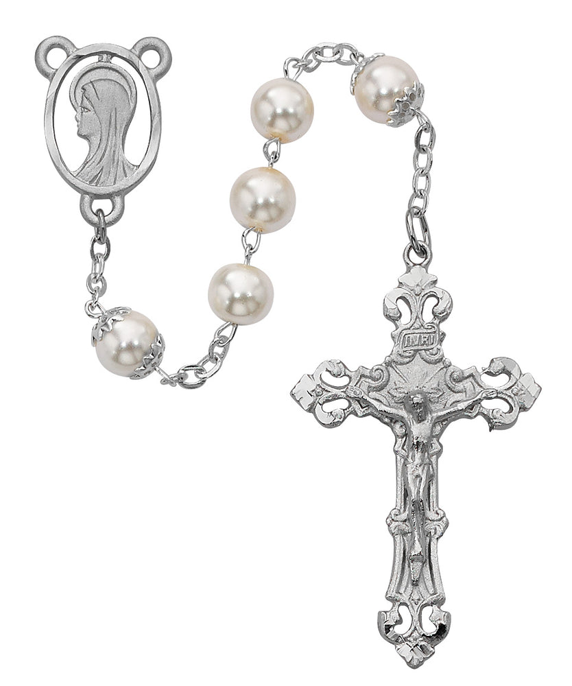 8MM Rhodium Pearl Rosary,Boxed