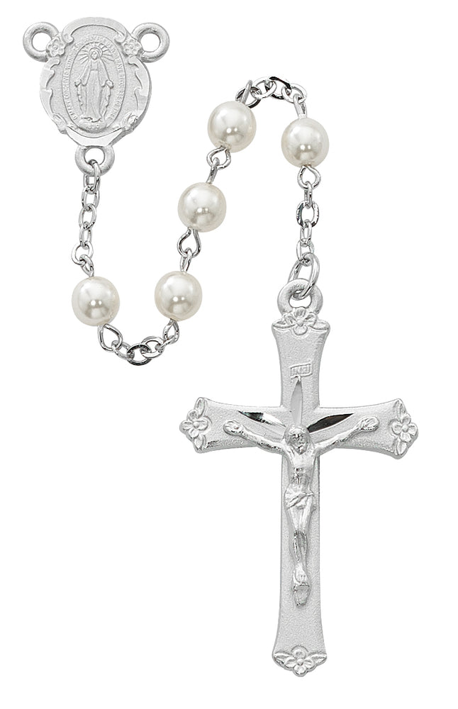 6MM Pearl Rosary With Rhodium