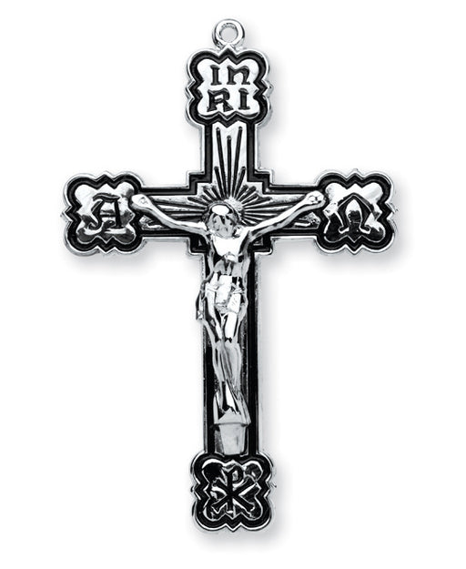 2-inch Sterling Silver Black Enamel Alpha and Omega Crucifix with 24-inch Chain