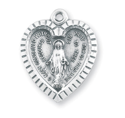 Sterling Silver Heart Shaped Miraculous Medal with 18-inch Chain and Box