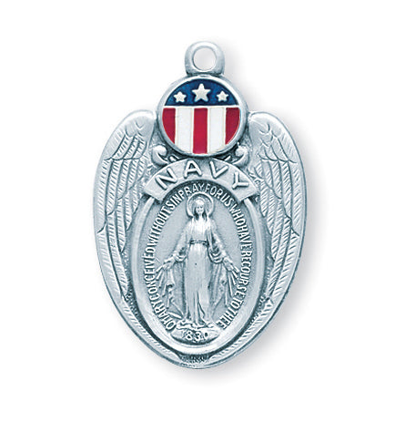 1 1/4-inch Sterling Silver Navy Medal with Miraculous Medal 24-inch Chain